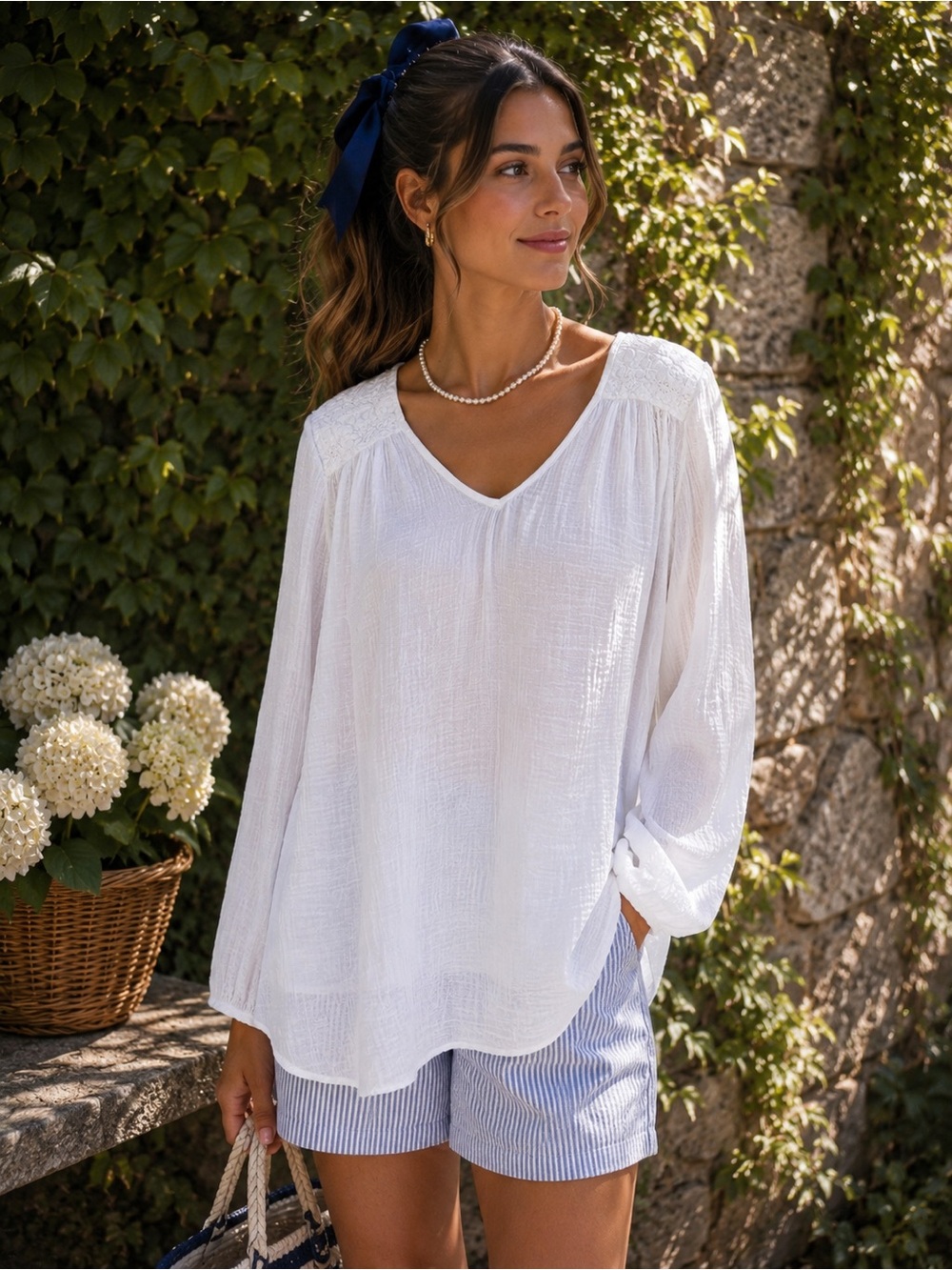 CURRENT/ELLIOT White Gauze Relaxed Fit Cottagecore Preppy Summer Gauze Blouse, S